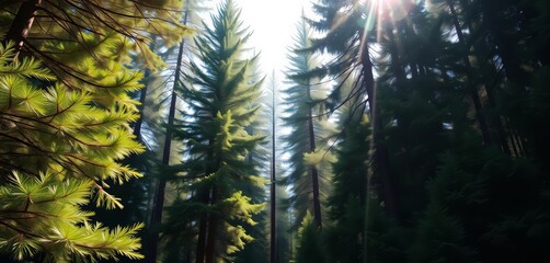 Dense coniferous forest, sunlight dappling through canopy, tall, pine