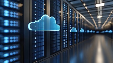 Digital illustration of cloud computing with glowing blue lights and a modern data center, symbolizing speed and connectivity