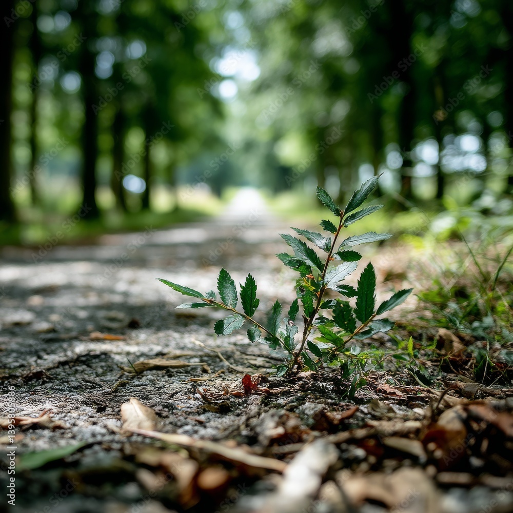 Aufkleber growth on the path: a small plant emerging from gravel road, forest backdrop with blurred green cano