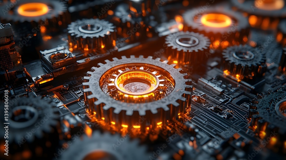 Poster interconnected cogs glowing with activity