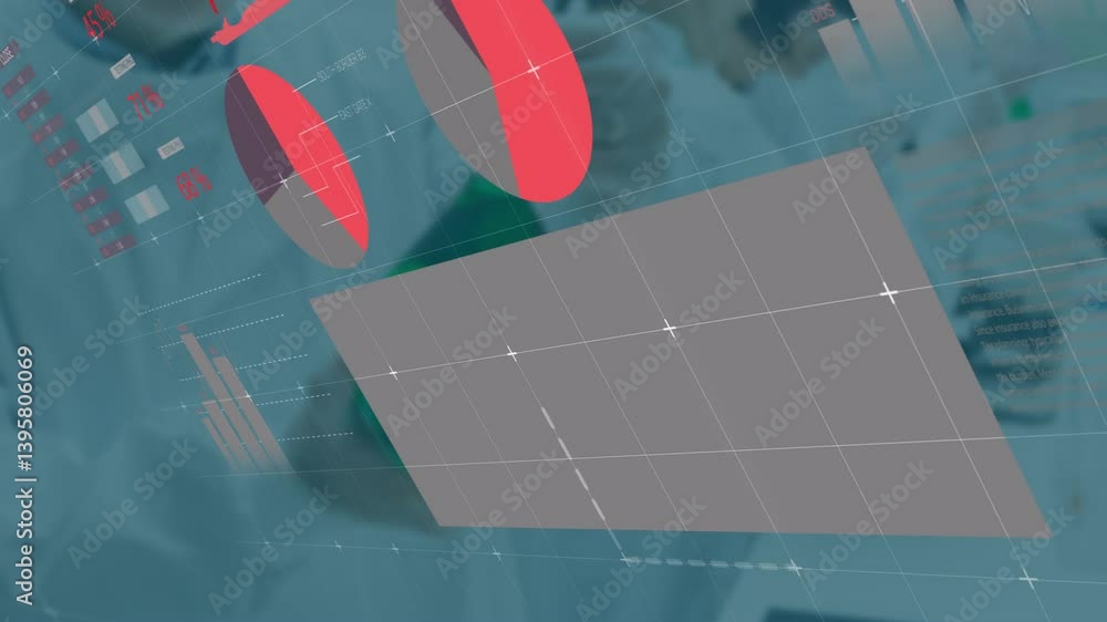 Poster animation of charts and graphs over researchers analyzing data in school laboratory