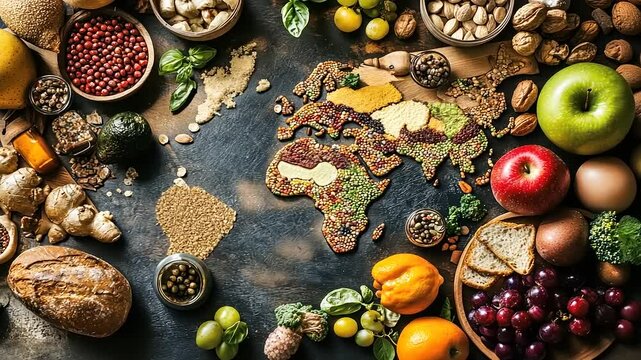 Global Food Diversity: A World Map Crafted from Grains, Fruits, and Vegetables