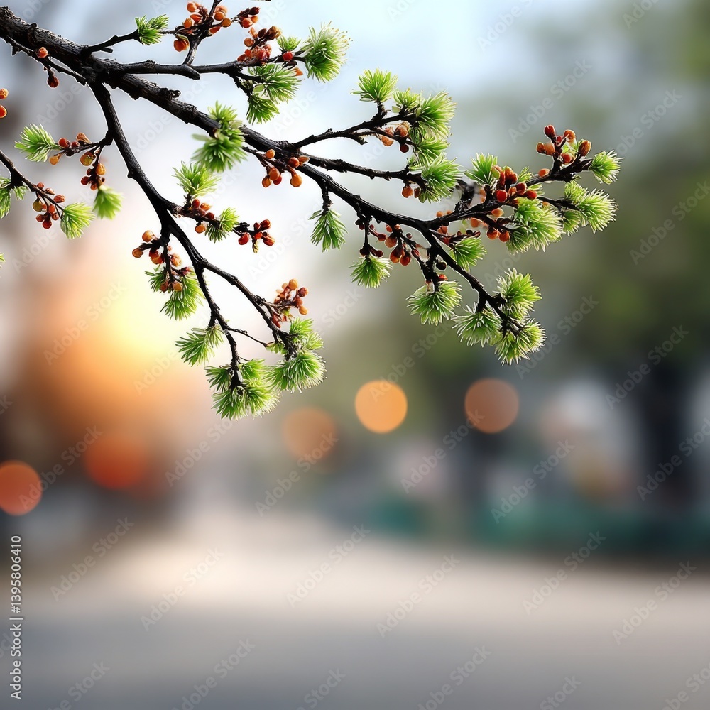 Poster spring blossom: a branch with buds and emerging leaves against a soft bokeh background