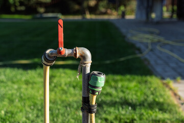 Close-up of an outdoor water tap with a hose attached, located in a green garden under bright sunlight. Gardening concept, irrigation systems, garden maintenance, outdoor plumbing, landscaping 
