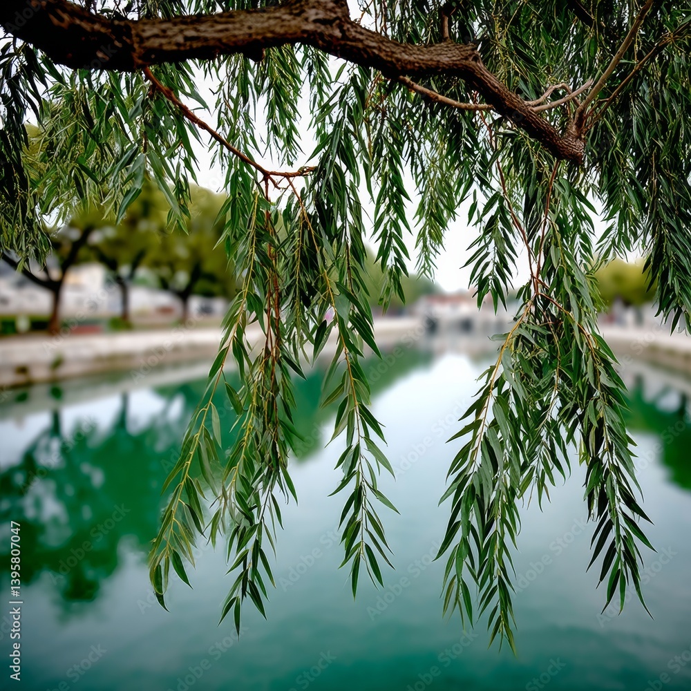 Poster willow branches draping over the water: a serene waterside view offering a tranquil moment in nature