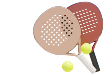 Two paddles and a yellow ball padel tennis on an isolated background. 3d rendering
