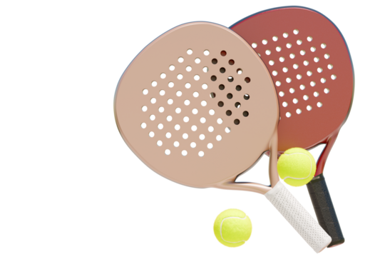 Two paddles and a yellow ball padel tennis on an isolated background. 3d rendering