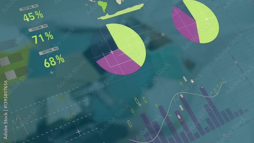Poster animation of colorful pie and bar charts on financial data with world map