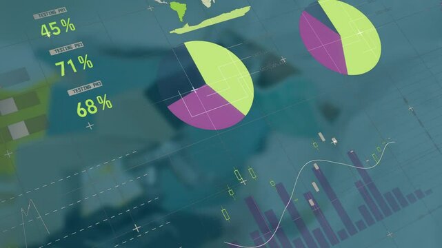 Animation of colorful pie and bar charts on financial data with world map
