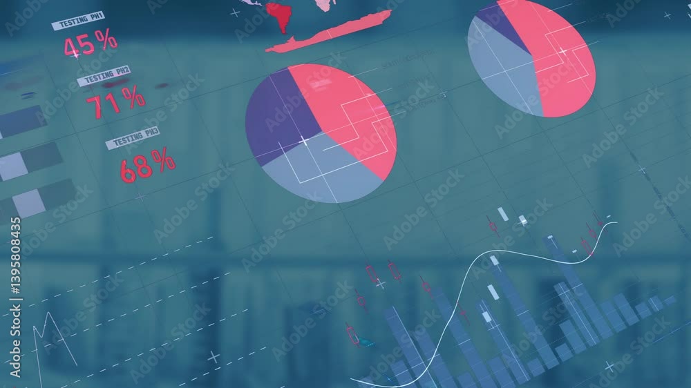 Poster creating data visualization with pie charts and world map on abstract background