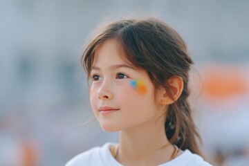child with colorful face paint at summer festival blurred background