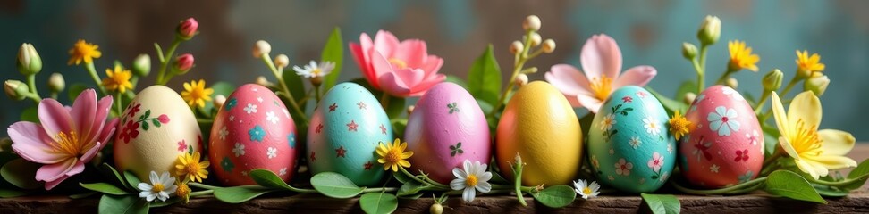 Easter eggs nestled in a rustic flower arrangement, perfect for seasonal decorations, holiday, rustic, eggs