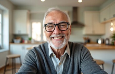 Happy mature man talking video call. Smiling senior old grandfather online. Person wearing glasses, gray hair smiles in headshot portrait selfie webcamera view at home.