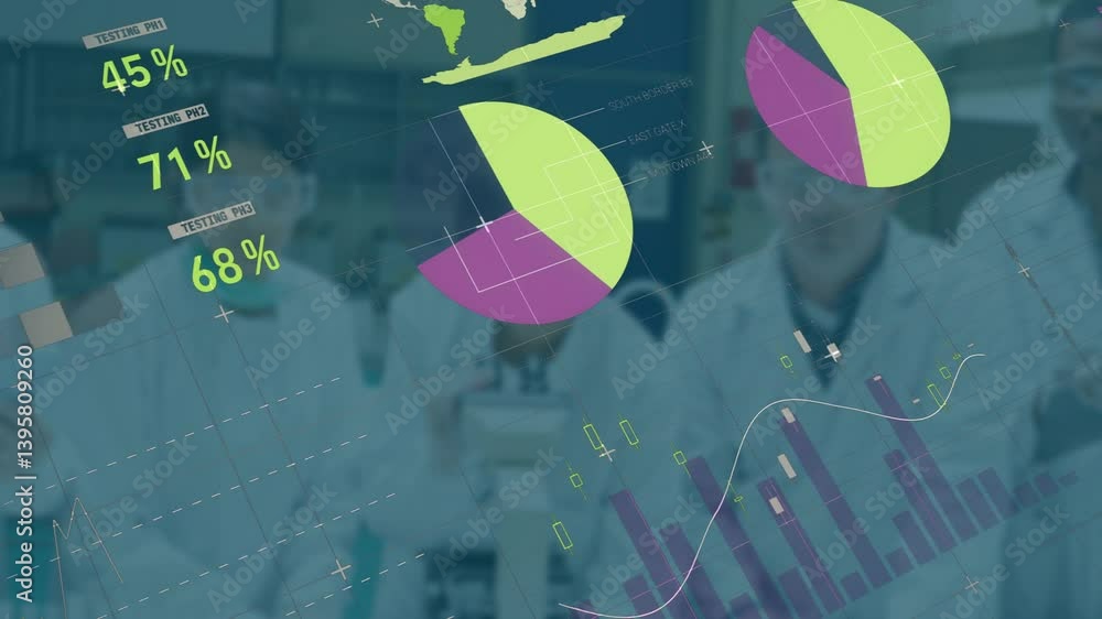 Poster scientists in laboratory analyzing data with animation of scientific visualization
