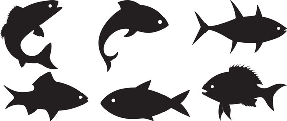 Set of the best six unique fish icon silhouette vector illustration. Designs with six eye-catching fish silhouette ideas.