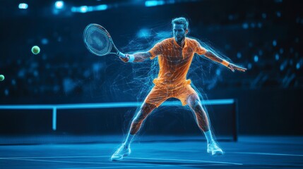 Tennis player in action, dynamic pose, energy lines, blue lighting, night game.