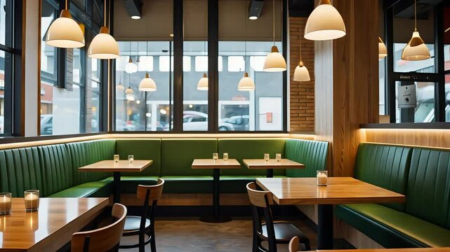 Modern restaurant interior with green booth seating, wooden tables, pendant lighting, large windows, and clean design in cozy dining space

