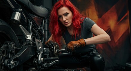 Skilled motorcycle mechanic with vibrant red hair maintaining a bike engine
