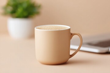 clean minimalistic image of financial consultant desk with open laptop cup of coffee and plant