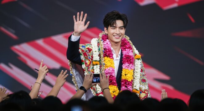 Smiling man adorned with floral garlands greets an admiring crowd on stage