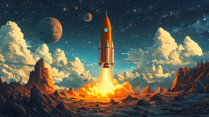 Fototapeta premium Rocket launch event outer space digital art cosmic environment dramatic viewpoint adventure concept