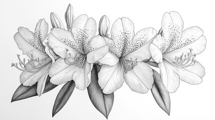 Monochrome botanical illustration of delicate, blooming flowers with detailed petals and leaves