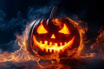 Fototapeta premium Carved pumpkin with glowing face surrounded by flames against a dark background.