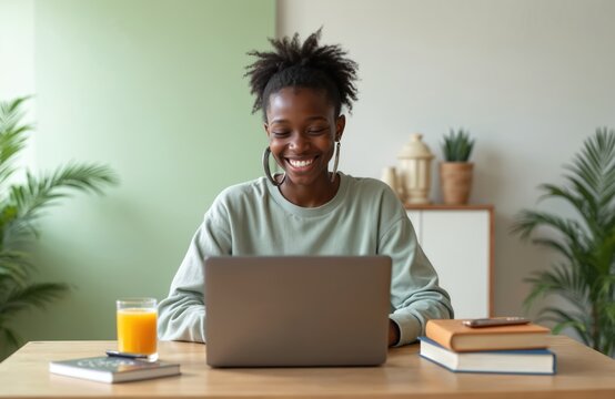 Happy black teen girl using laptop for online education at home. Smiling african american student taking lesson, studying remote. Digital learning, online class. Concept of modern education, distance