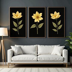 Elegant and sophisticated three-piece botanical artwork in gold and black, luxury, botanical