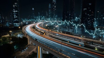 Night city view with light trails on highway and abstract data overlay.