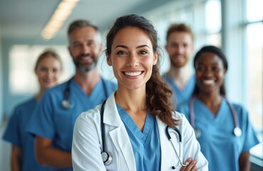 Team of smiling medical professionals in hospital. Portrait of diverse doctors and nurses. Health workers teamwork concept. Happy woman leader doctor. Healthcare, medicine, staff, team, diversity.