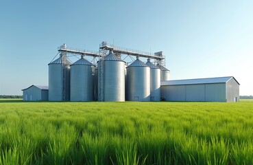 Obraz premium Grain storage silos in agricultural field under clear blue sky. Rural landscape features green grass, crops. Agriculture scene farm, farming, harvest, storage, food production. Ideal for illustrating