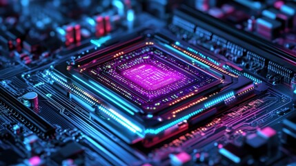 Obraz premium Quantum Processor Glowing with Binary Circuits
