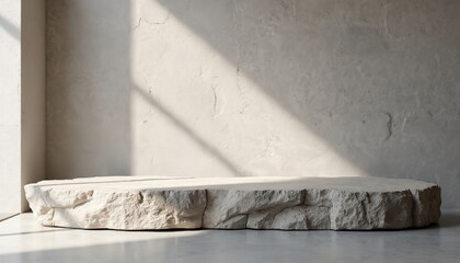 Minimal product mockup scene. Stone podium grey, white background with sunlight. Ideal display cosmetic products, fashion items. Studio advertising modern interior design.