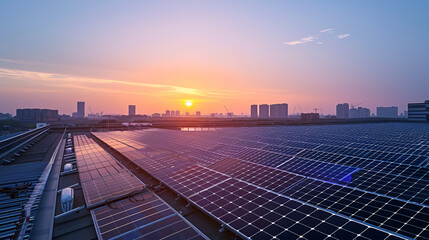 Solar panels on a rooftop with a city skyline at sunset creating a renewable energy landscape view .