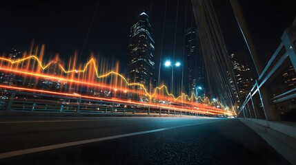 Obraz premium Night cityscape with blurred light trails on a bridge and tall buildings.