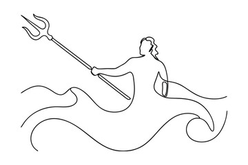 Neptune Poseidon God Of The Sea One Line Drawing With Trident Waves © SandhaRani