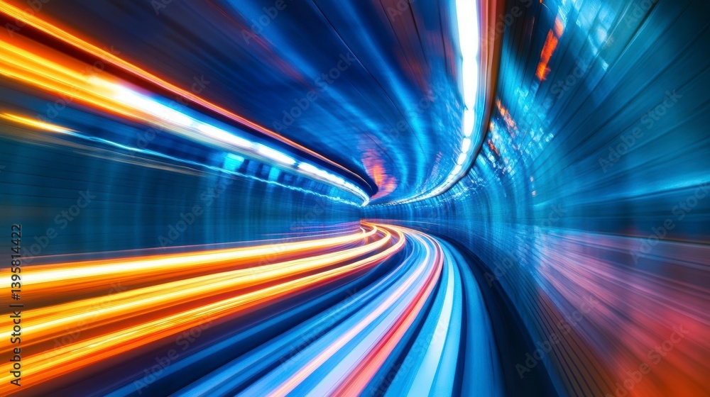 Canvas Prints abstract light trails in a curved tunnel, depicting speed and movement.