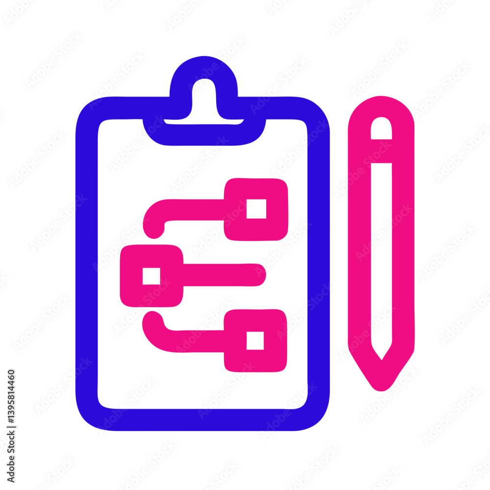 Poster icon of a project plan with flowchart elements and pencil