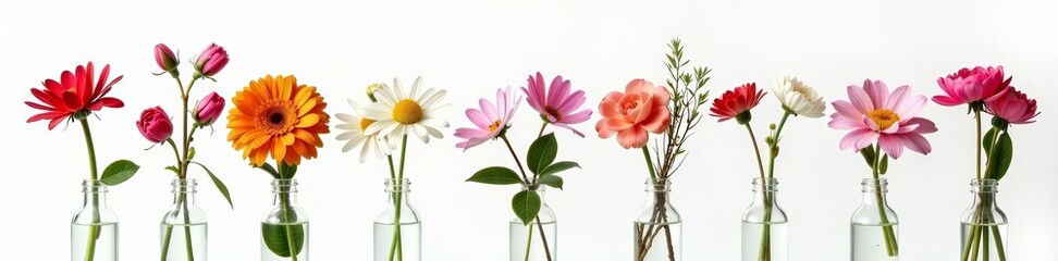 Elegant composition of various types of flowers in glass vase on white background, colorful, arrangement