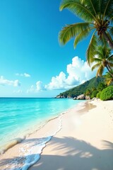 Obraz premium Idyllic beach scene with clear blue sky, white clouds, and calm ocean water, shore, tranquil