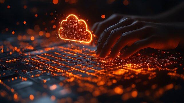 Secure Connection: Data Processing on Glowing Keyboard with a Cloud Symbol for Global Networking.