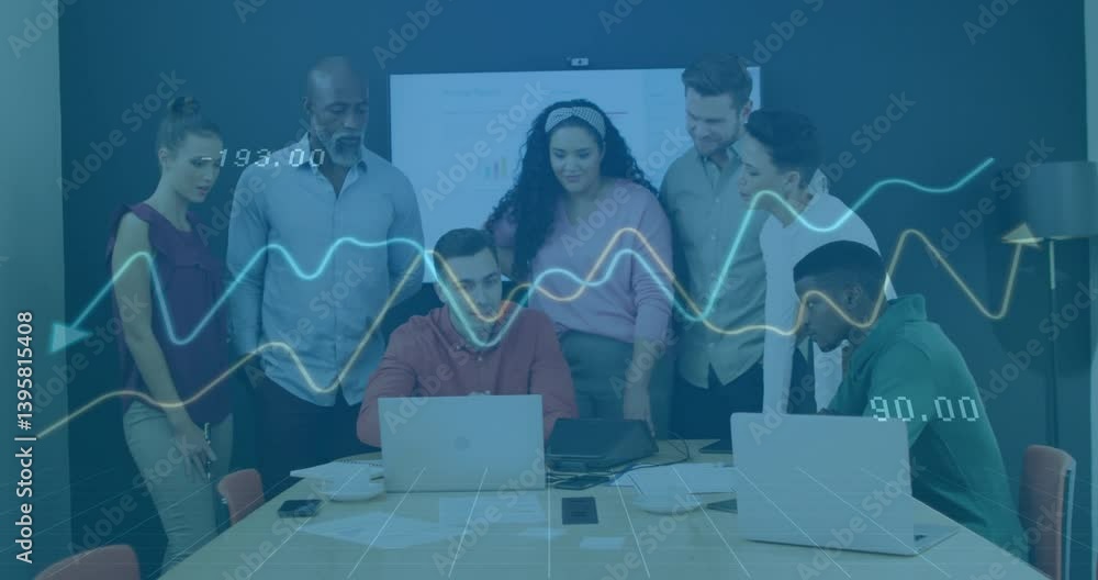 Poster diverse team analyzing financial data with graph animation over office meeting