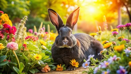 Giant Black Flemish Giant Rabbit Enjoying Garden Flowers - Sunny Day Stock Photo