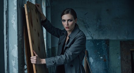 Woman posing with wooden panels against derelict building interior setting