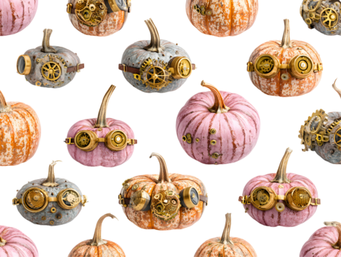 Steampunk Pumpkins Assemblage in a Repeating Pattern on a Black Canvas Background