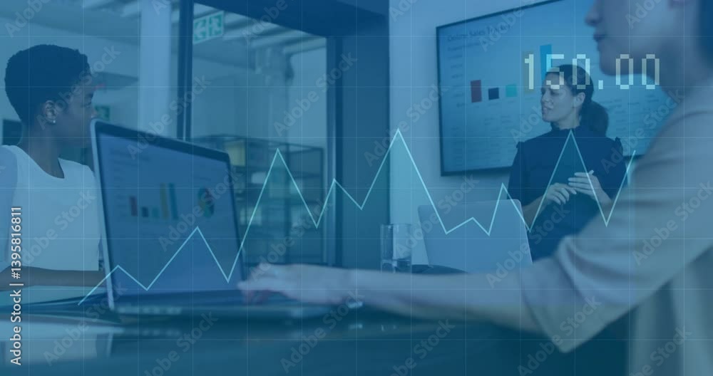 Aufkleber business meeting with sales graphs and data processing animation overlay