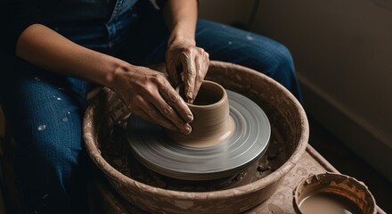 Hands shaping clay on a pottery wheel in a dimly lit studio space