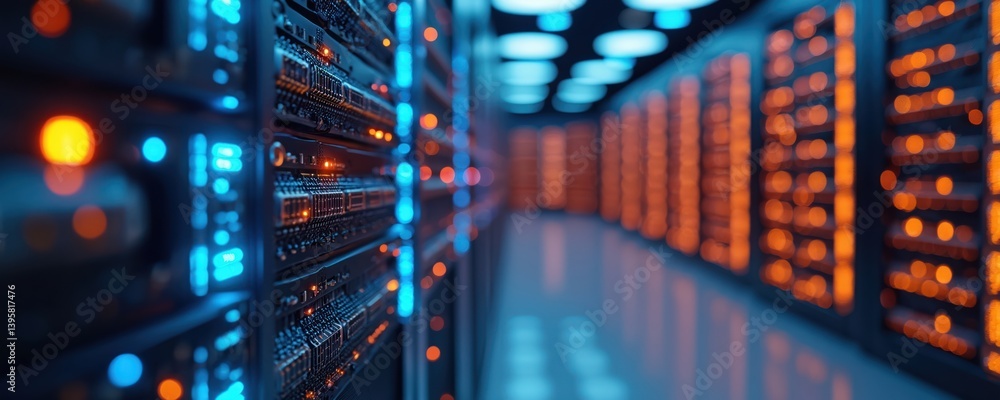 Poster Futuristic data center with illuminated servers. Digital connections, information storage, high-tech hardware, network infrastructure, server room with modern tech, digital transformation., cloud