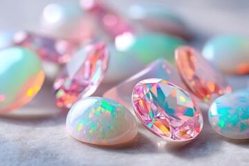 Colorful collection of shimmering gemstones displayed on a light surface in a bright setting